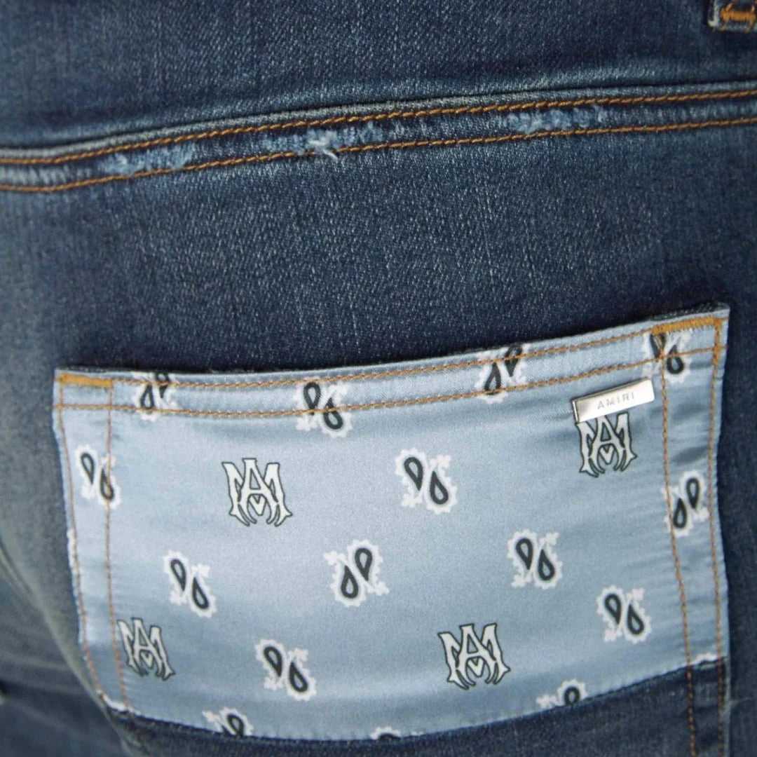 Amiri Paisley Ma Art Patch Straight Fit Deep Classic Blue Denim Jeans