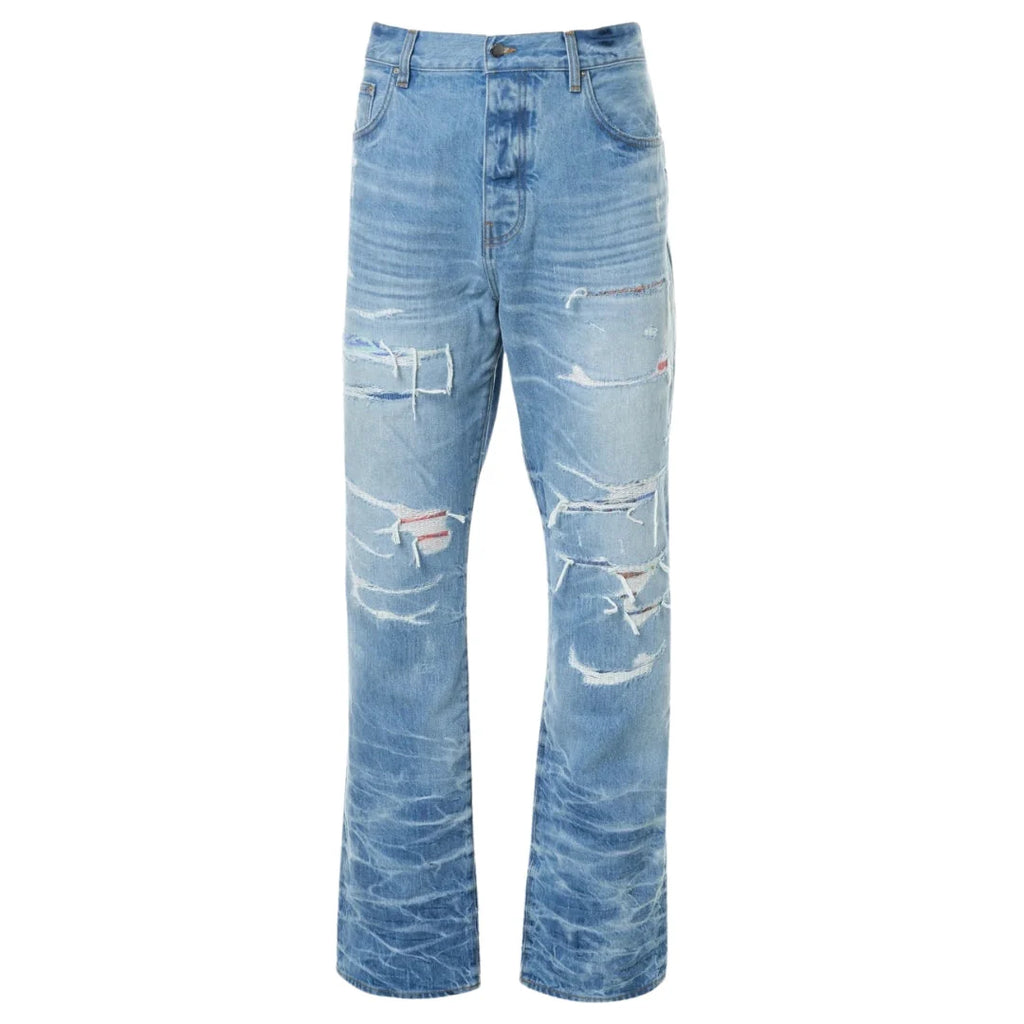 Amiri Aloha Patch Straight Fit Faded Indigo Blue Denim Jeans